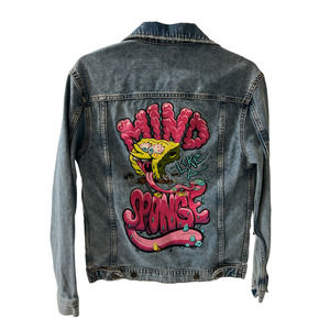 MENS DIVIDED H&M SPONGEBOB BLUE DENIM JACKET SIZE XS MIND LIKE A SPONGE GRAPHIC
